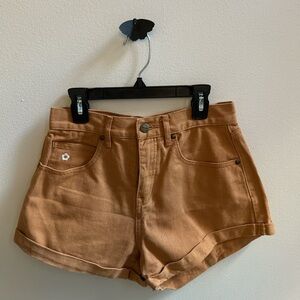 AFENDS sienna colored high-waisted demin shorts